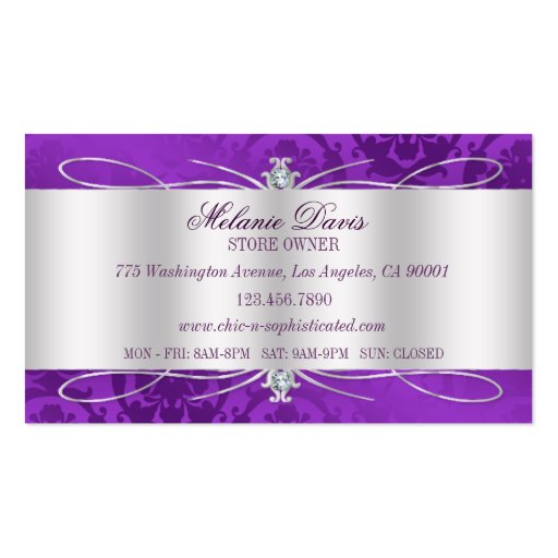 Elegant Purple Damask Swirl Business Card Template (back side)