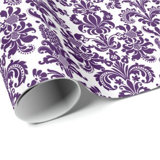 Elegant Purple Floral Damasks White Background Wrapping Paper