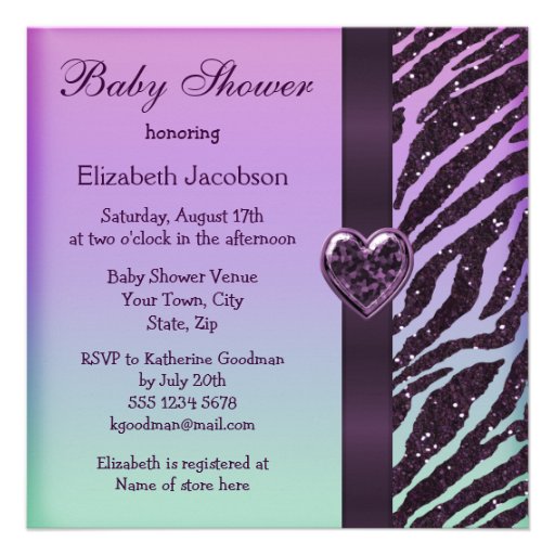 Elegant Purple Glitter Zebra Print Baby Shower Personalized Invitations