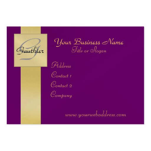 Elegant Purple Gold Ribbon Monogram Business Card (back side)