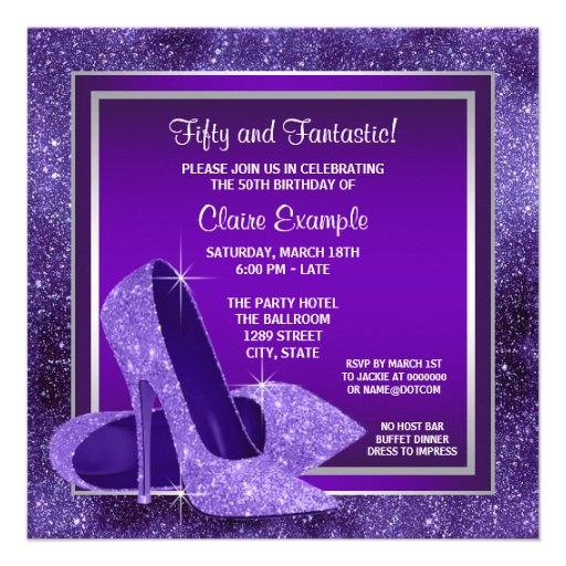 Elegant Purple High Heels Womans Birthday Party Personalized Invite