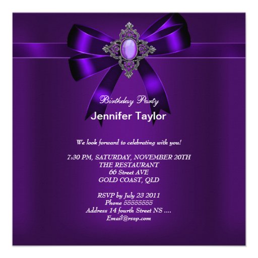 Elegant Purple Jewel Bow Birthday Party Personalized Invite