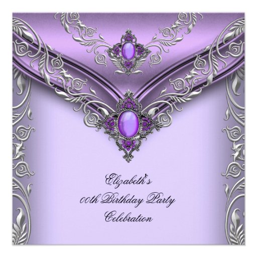 Elegant Purple Lilac Silver Jewel Birthday Party Personalized Invitation (front side)