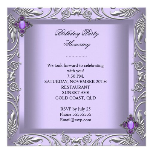 Elegant Purple Lilac Silver Jewel Birthday Party Personalized Invitation