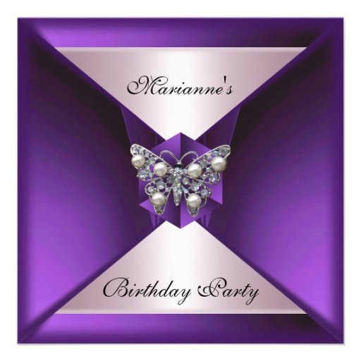 Elegant Purple Pearl Jewel Birthday Silver & White Invitation