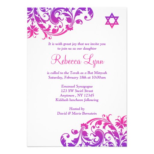 Elegant Purple Pink Flourish Bat Mitzvah Custom Announcements (front side)