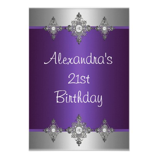 Elegant Purple Silver Jewel 21st Birthday Custom Invites (front side)