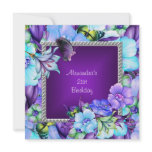 Elegant Purple Silver Jewel Flowers 21st Birthday invitations