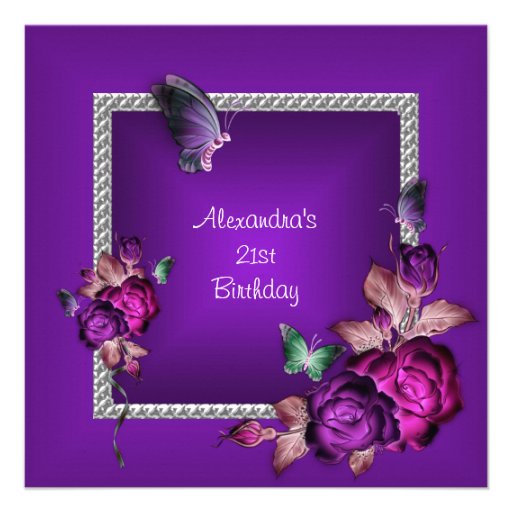 Elegant Purple Silver Jewel Flowers 21st Birthday Announcements