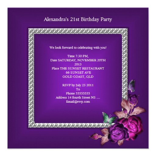 Elegant Purple Silver Jewel Flowers 21st Birthday Announcements