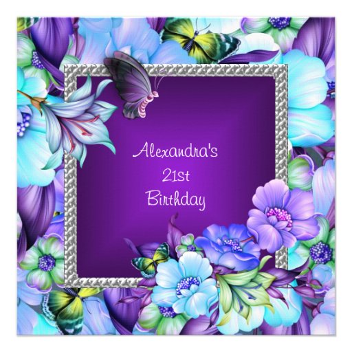 Elegant Purple Silver Jewel Flowers 21st Birthday Custom Invitations (front side)