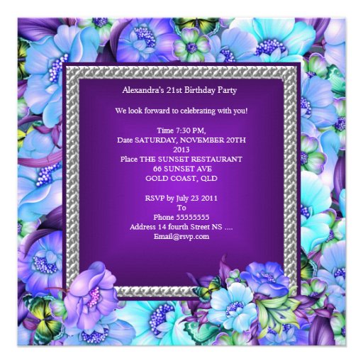 Elegant Purple Silver Jewel Flowers 21st Birthday Custom Invitations