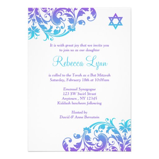 Elegant Purple Teal Flourish Bat Mitzvah Personalized Invitations