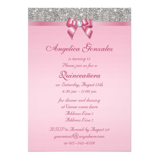Elegant Quinceañera Faux Silver Sequins Pink Bow Personalized Announcement