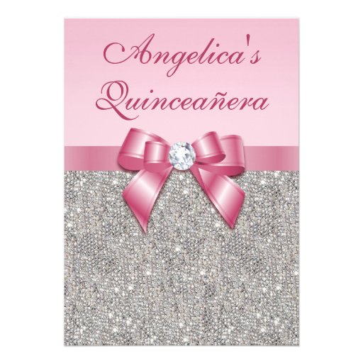 Elegant Quinceañera Faux Silver Sequins Pink Bow Personalized Announcement (front side)