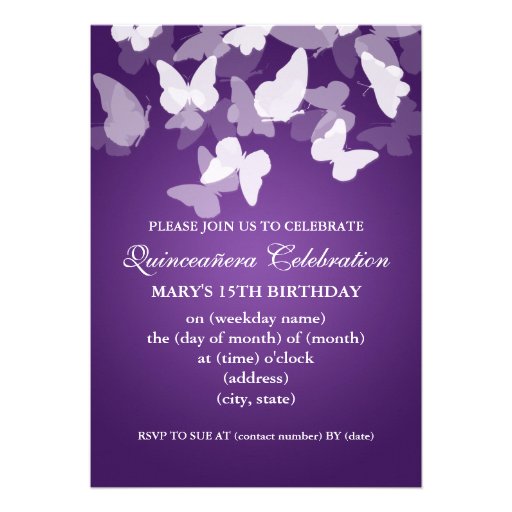 Elegant Quinceañera Party Butterflies Purple Custom Invites