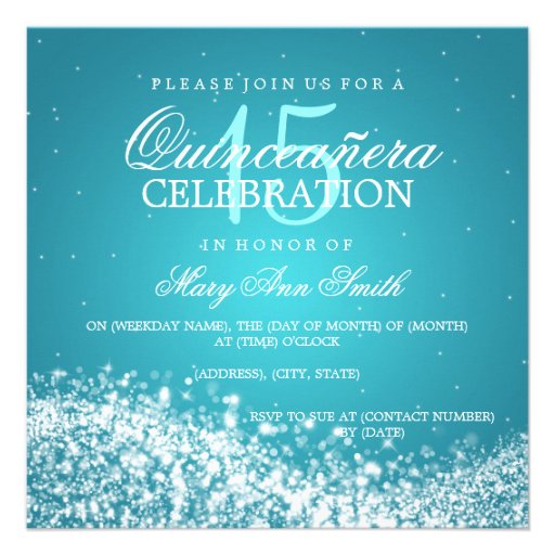 Elegant Quinceanera Party Sparkling Wave 2 Turquoi Custom Invitations (front side)