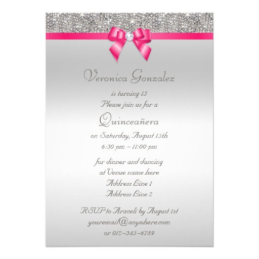 Elegant Quinceañera Silver Sequins Hot Pink Bow Personalized Invite