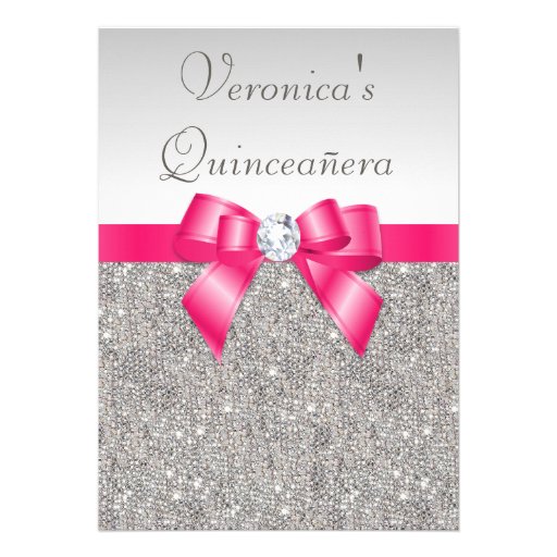 Elegant Quinceañera Silver Sequins Hot Pink Bow Personalized Invite