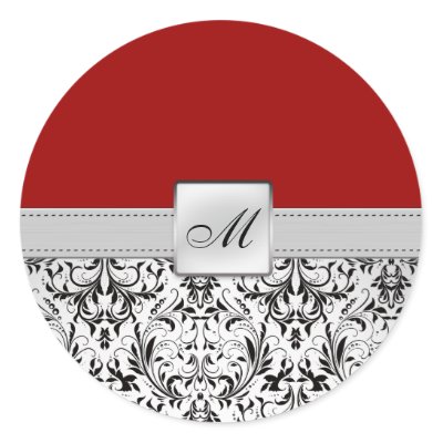 Elegant Red and Black Damask Monogram Wedding Round Sticker