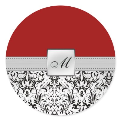 Elegant Red and Black Damask Monogram Wedding Round Sticker