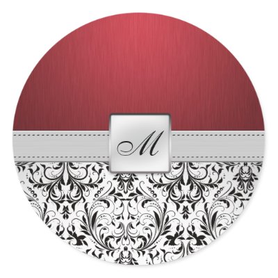 Elegant Red and Black Damask Monogram Wedding Sticker