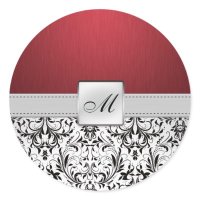 Elegant Red and Black Damask Monogram Wedding Sticker