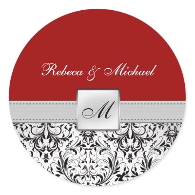 Elegant Red and Black Damask Monogram Wedding Stickers