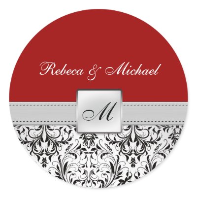 Elegant Red and Black Damask Monogram Wedding Stickers