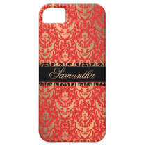 Elegant Red and Gold Shimmer Damask Custom Name casemate cases