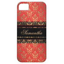 Elegant Red and Gold Shimmer Damask Custom Name casemate cases
