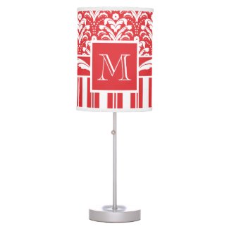 Elegant Red and White Art Deco Damask Monogram Desk Lamp