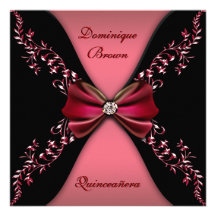 Elegant Red Black Diamond Bow Quinceanera Personalized Invitation