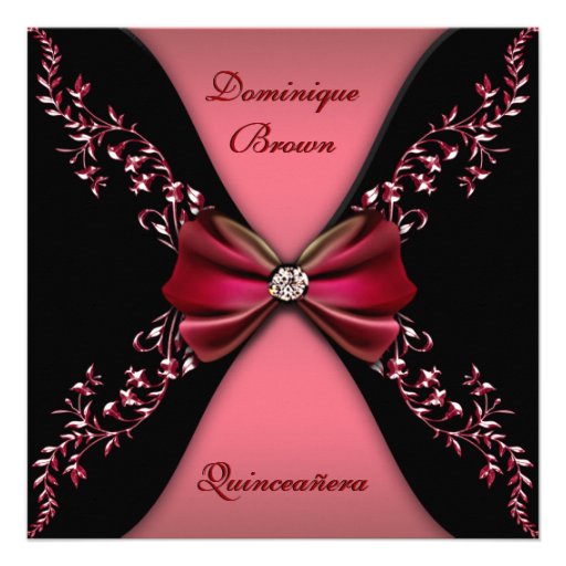 Elegant Red Black Diamond Bow Quinceanera Personalized Invitation