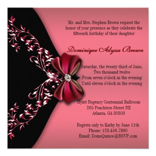 Elegant Red Black Diamond Bow Quinceanera Personalized Invitation