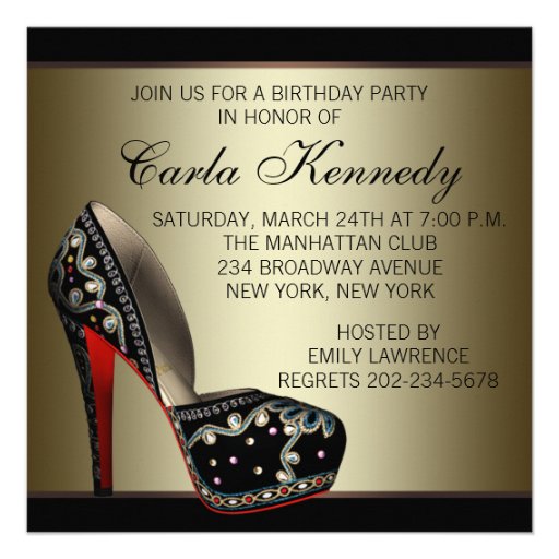 Elegant Red Black Gold High Heels Birthday Party Custom Invites
