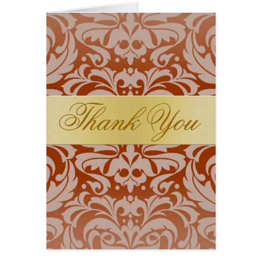 Elegant Red Damask Gold Ribbon Thank You Card