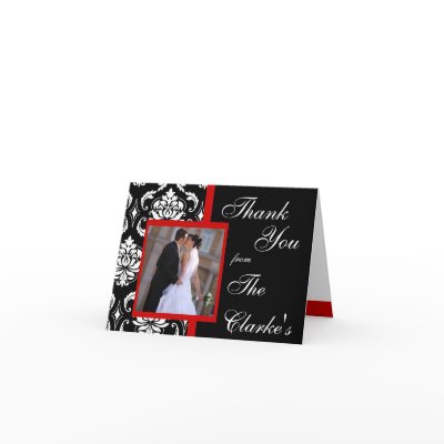 Elegant Red Damask Wedding Photo Thank You Cards