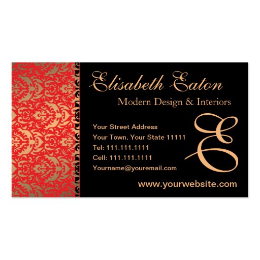 Elegant Red, Gold and Black Damask Fancy Design Business Card (front side)