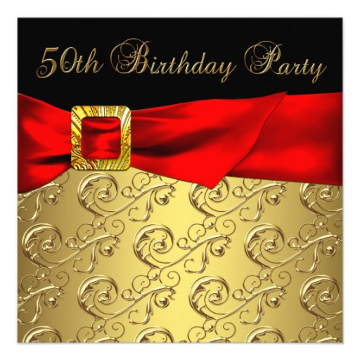 Elegant Red Gold Black Womans 50th Birthday Party Invites