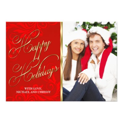 Elegant Red Gold Damask Christmas Photo Card