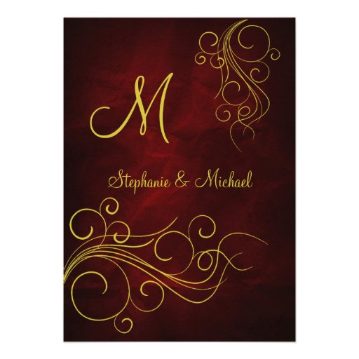 Elegant Red Gold Monogram Wedding Invitation (front side)