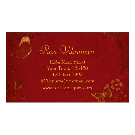 Elegant Red & Gold Vintage Butterflies Business Card Templates (back side)