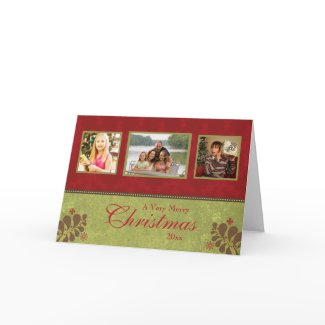Elegant red green custom 3 photo christmas card card