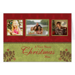 Elegant red green custom 3 photo christmas card