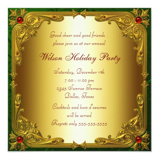 Elegant Red Green Gold Christmas Party Personalized Invitations