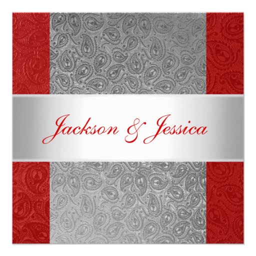 Elegant Red Grey Paisley White Engagement Party Personalized Invites