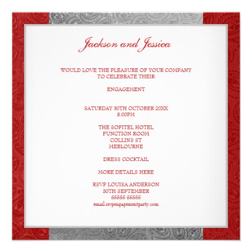 Elegant Red Grey Paisley White Engagement Party Personalized Invites