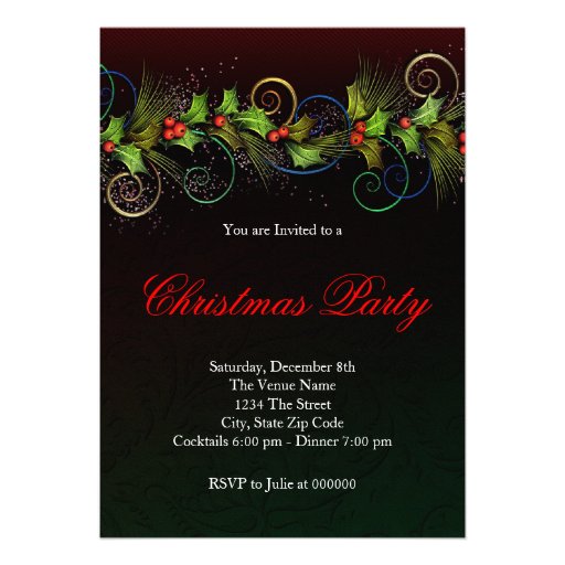 Elegant Red Holly Christmas Party Invitations