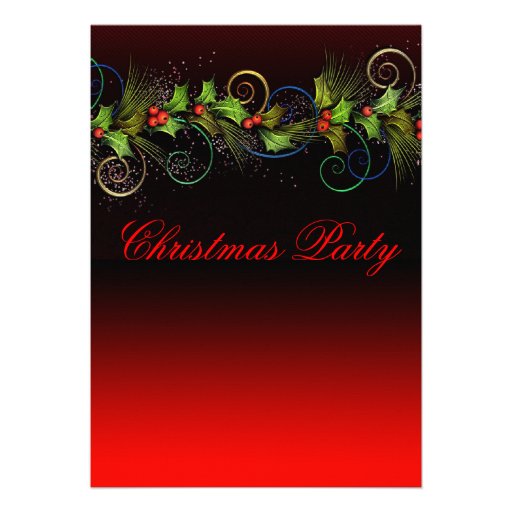 Elegant Red Holly Christmas Party Invitations (front side)